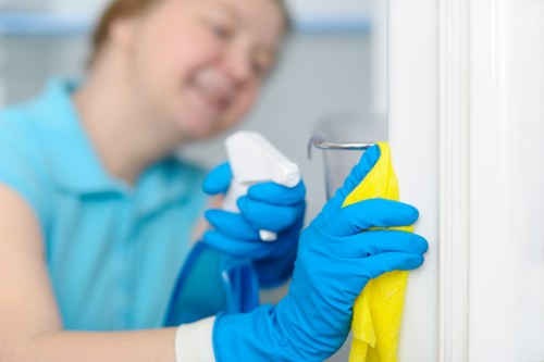 Professional oven cleaning technician with safety equipment in a Wandsworth kitchen