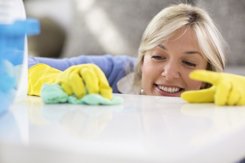 Local upholstery cleaner treating stains on a corner sofa